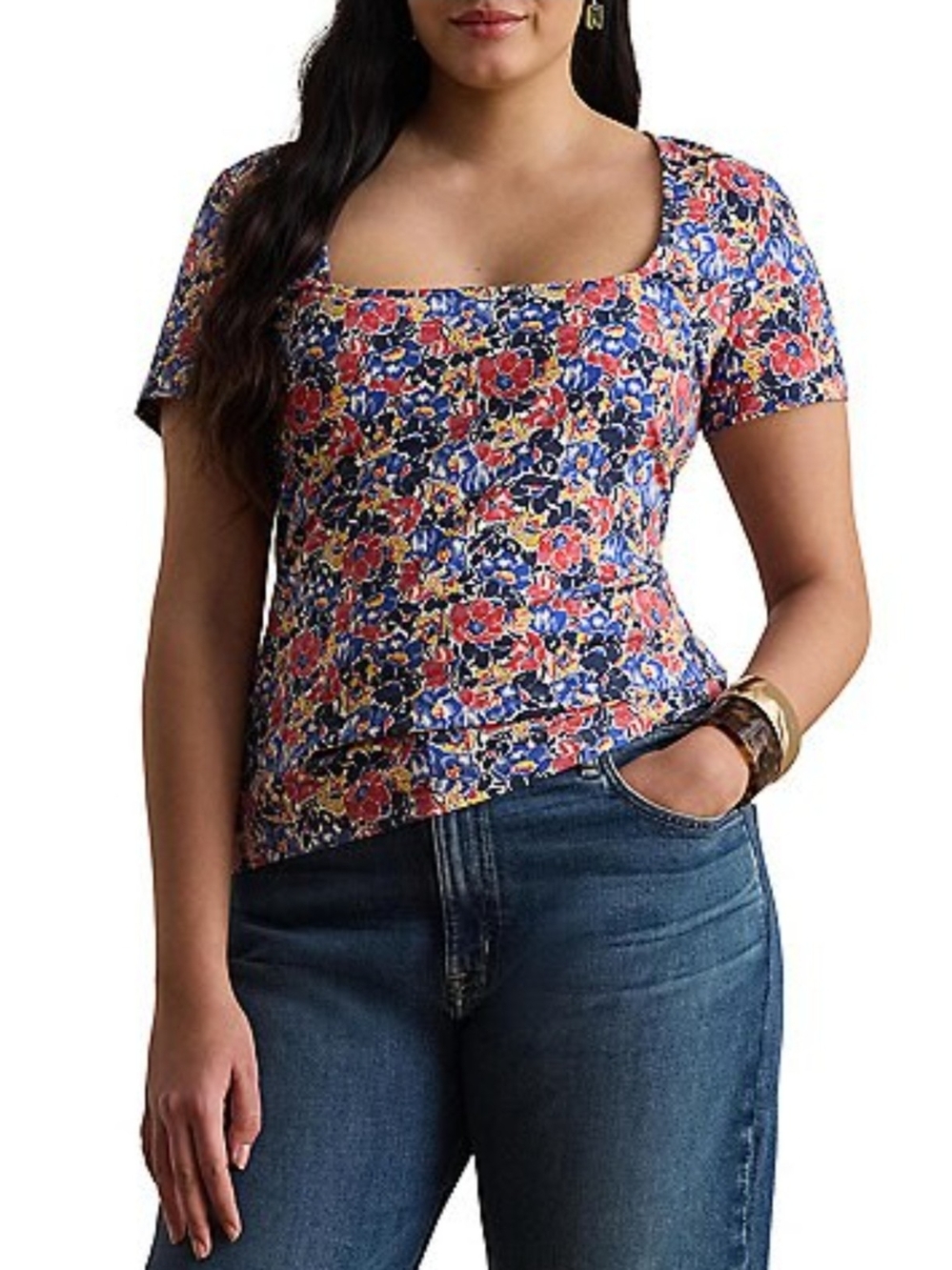 Lauren Ralph Lauren  Cotton Jersey Floral Square Neck Short Sleeve Top